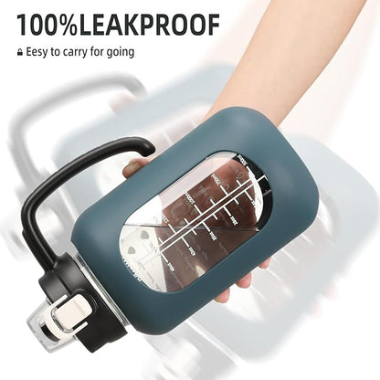 64oz Glass Water Bolttles Half Gallon Large Motivational Water Bottle with Time Marker Sports Water Bottles with Silicone Sleeve and Handle Lid Water Jug for Gym Workout-1 Pack