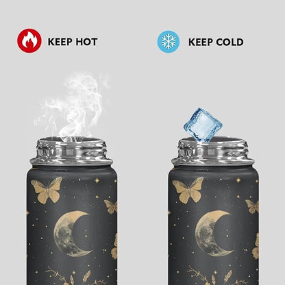 Moon Butterfly Insulated Water Bottle 18 Oz Stainless Steel Leak Proof Vacuum Easy to Clean Lightweight Keeps Cold and Hot Great for Travel Hiking Biking Running