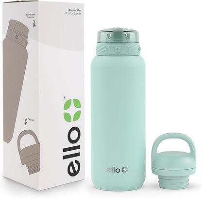 Ello Cooper 32oz Stainless Steel Water Bottle with 2 Lids Chug and Straw | Leak Proof | Double Walled and Vacuum Insulated | Built in Carry Loop | Dishwasher Safe | Yucca