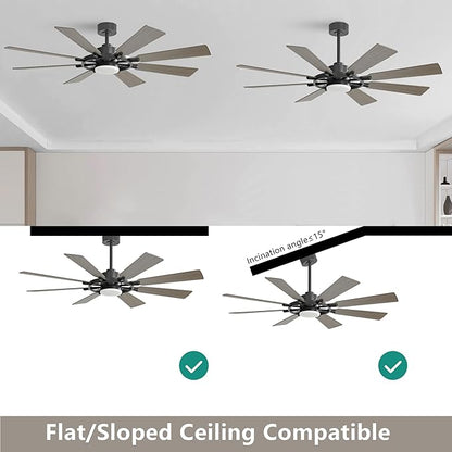 72" Ceiling Fan with Lights and Remote Control, Wood 8 Blades 6-Speed Noiseless Reversible DC Motor, 3 Downrods, Modern Ceiling fan for Office Porch Bedroom Dining Living Room, Black+Wood
