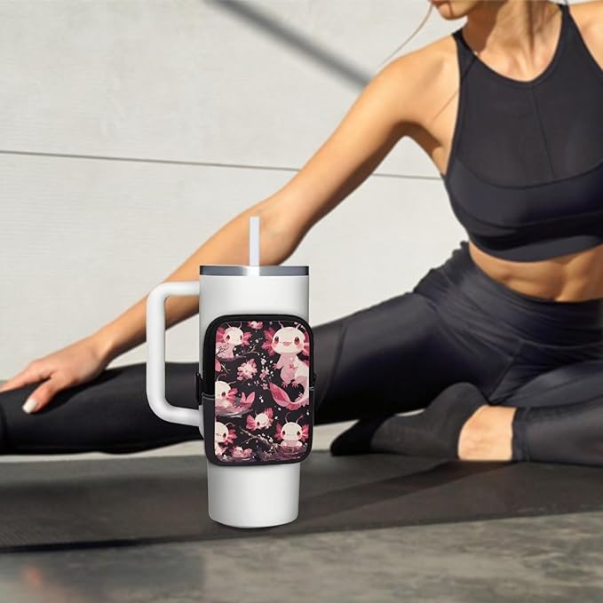 Axolotl Cherry Blossom Stanley Cup Pouch with Adjustable Strap Water Bottle Storage Bag 20oz-40oz IceFlow Tumbler Pouch for Stanley Accessories