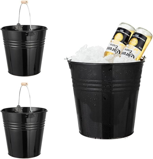 3PCS 5-Quart Galvanized Pail Ice Buckets Metal Beer Bucket Beverage Tubs for Parties (Black)
