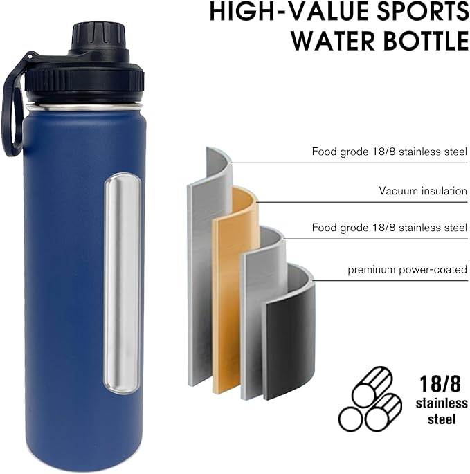 8pack 22 oz Insulated Water Bottle With Straw, Stainless Steel Sports Water Cup Flask with 2 Lids, Wide Mouth Travel Thermal Mug,Combining Colors