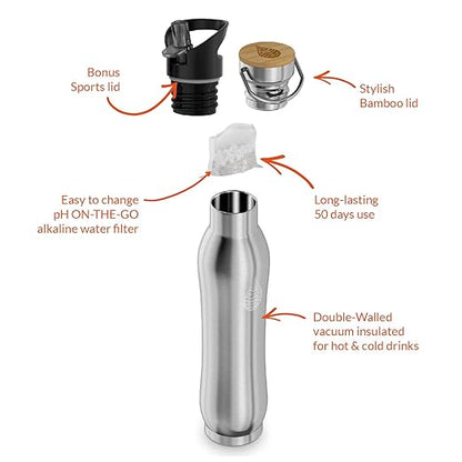 Invigorated Water pH Active Insulated Water Bottle - Filtered Alkaline Water Bottle - Stainless Steel Water Bottle - Includes Alkaline Water Filter, Plus Sports Gym Lid - Double Walled Metal - 650ml