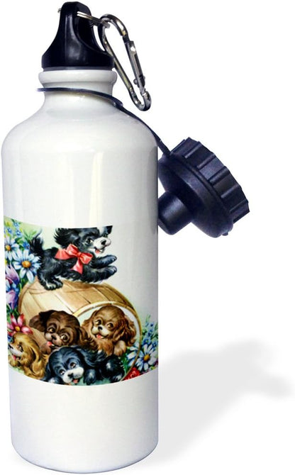 3dRose "Barrel of Puppies" Sports Water Bottle, 21 oz, White