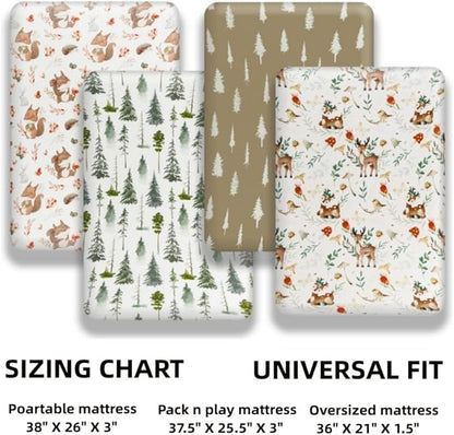 4 Pack N Play Sheets Woodland Forest Animals Wood Neutral Unisex Fitted Baby N Play Sheets Fitted for Standard Pack and Plays and Mini Cribs Set for Baby Boys or Girls (Beer)