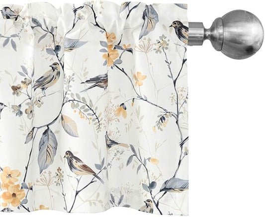 Leeva Birds Vines Printed Semi-Blackout Curtains Valances for Kitchen Bath Laundry Bedroom Living Room, Rod Pocket Valance for Windows, 52 x 18 Inch, Grey Birds, One Panel