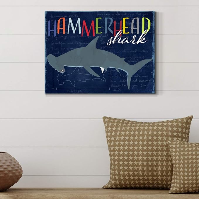 Renditions Gallery Canvas Animal Wall Art Modern Decorations Paintings Colorful Playful Hammerhead Shark Abstract Vibrant Lifestyle Artwork Prints for Kids Bedroom Nursery - 18"x27" LT33