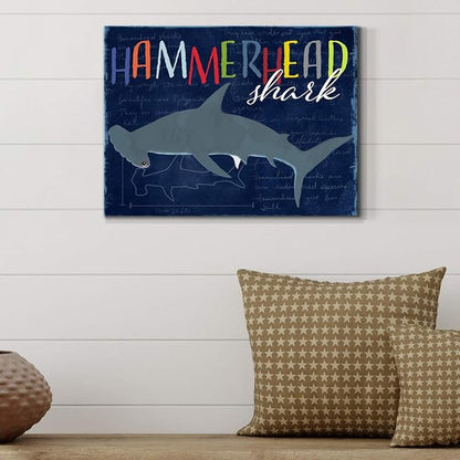 Renditions Gallery Canvas Animal Wall Art Modern Decorations Paintings Colorful Playful Hammerhead Shark Abstract Vibrant Lifestyle Artwork Prints for Kids Bedroom Nursery - 18"x27" LT33