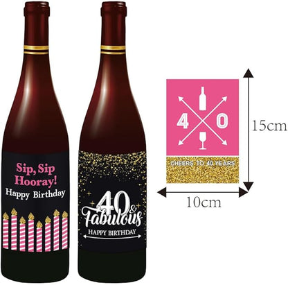40th Birthday Wine Bottle Labels, Black and gold pink,Birthday party supplies,Funny Birthday gifts for women, Set of 6