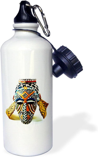 3dRose "African Mask" Sports Water Bottle, 21 oz, White