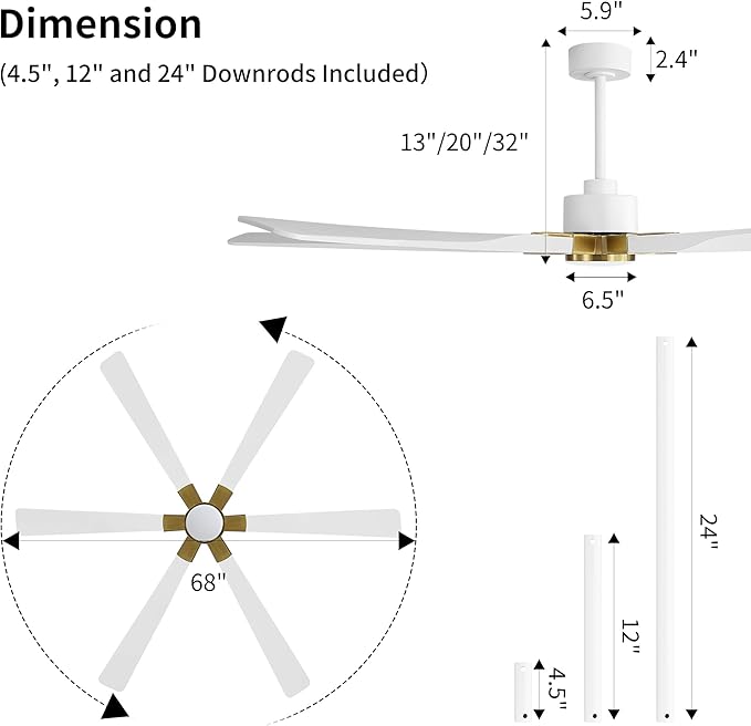 68 Inch Ceiling Fan with Lights and Remote Control, 6 Reversible ABS Blades, 6-Speed Noiseless DC Motor with 4.5" / 12" / 24" Downrods for Bedroom Dining Living Room, Gold and White
