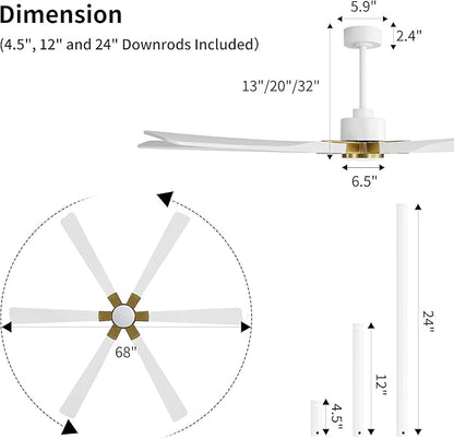 68 Inch Ceiling Fan with Lights and Remote Control, 6 Reversible ABS Blades, 6-Speed Noiseless DC Motor with 4.5" / 12" / 24" Downrods for Bedroom Dining Living Room, Gold and White