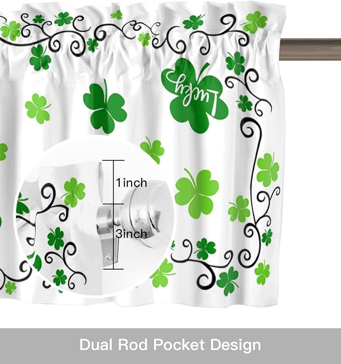 St. Patrick's Day Valances Kitchen Curtains for Windows,Shamrock Irish Clover Rod Pocket Valances Seasonal Spring Holiday Decoration Short Curtains For Bedroom/ Living Room,54" X 18" -1 Panel