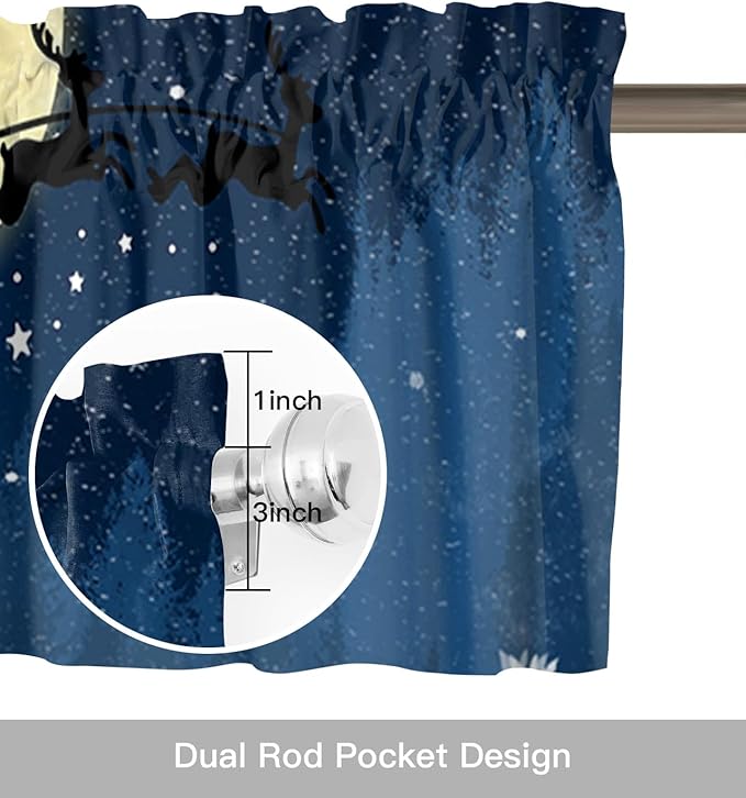 Christmas Kitchen Curtains Valances for Windows Santa Claus Reindeer Rod Pocket Window Treatment for Kitchen/Living Room/Bedroom/Bathroom,42" X 18" -1 Panel, Blue Snowy Night