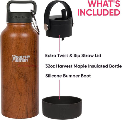 32oz Healthy Human Bottle Bundle with Insulated Bottle, Straw Lid & Bumper Boot - 32oz Harvest Maple Wood