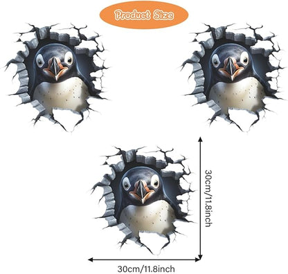 3 PCS Broken Penguin Wall Decals Break Through The Wall Penguin Wall Stickers Removable 3D Animal Wal Art Decor for Kids Room Playroom Nursery Bathroom