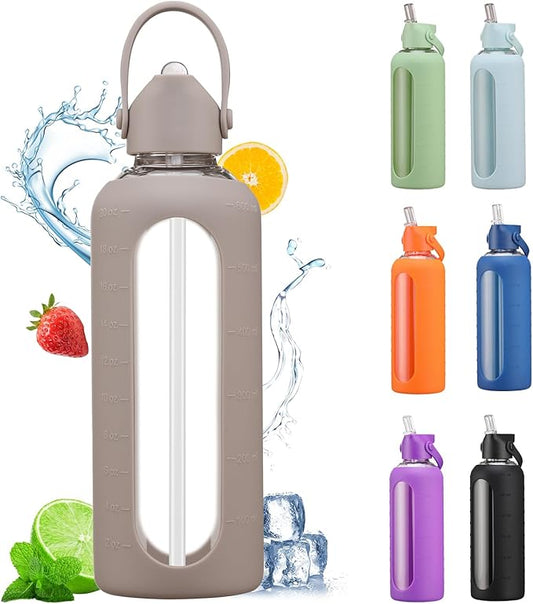 20 oz Glass Water Bottles with Straw Borosilicate Glass Water Bottle with Time Marker Motivational Water Bottles with Silicone Sleeve Leak Proof Reusable BPA Free
