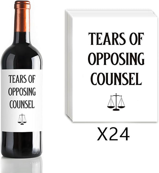24Pcs Lawyer Graduation Wine Labels Lawyer Appreciation Gifts Wine Bottle Stickers Tears of Opposing Counsel Wine Labels for Bottles Gifts for Women Men