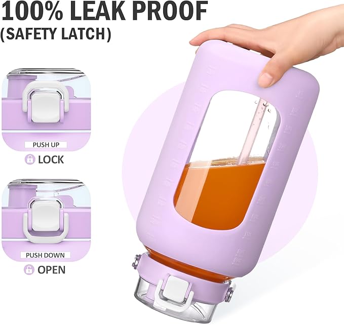 84oz Glass Water Bottle with Stainless Steel Handle,2.5L Gallon Water Bottle With 2-IN-1 Straw Lid, Silicone Sleeve and Motivational Capacity Marker, Wide Mouth Water Jug For Gym, Purple