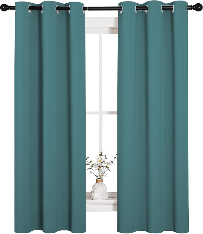 NICETOWN Kitchen Curtain Panels Blackout Draperies, Thermal Insulated Solid Grommet Blackout Curtains/Drapes (Sea Teal, One Pair, 34 by 63-Inch)