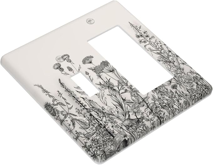Vintage Grey Floral Herbs Wild Flowers Botanical 2 Gang Single Toggle Rocker Combination Boho Light Switch Covers Decorative Country Unique Wall Plate Cover Electrical Faceplate Switchplate