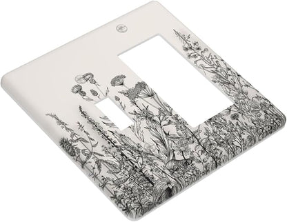 Vintage Grey Floral Herbs Wild Flowers Botanical 2 Gang Single Toggle Rocker Combination Boho Light Switch Covers Decorative Country Unique Wall Plate Cover Electrical Faceplate Switchplate