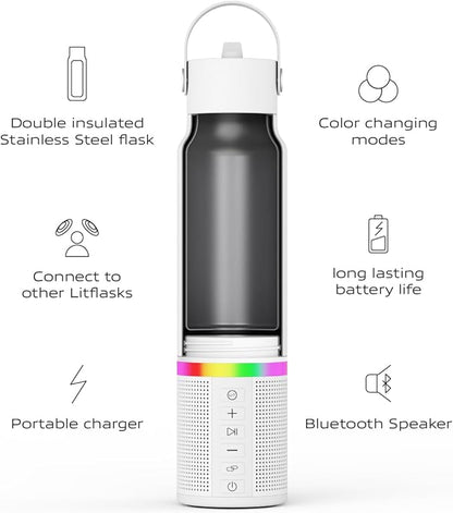 Smart Water Bottle with Premium Bluetooth Speaker, Portable Charger, LED Light, Hands-Free Mic, Insulated Stainless Steel, Straw Lid, BPA-Free, 20oz - Mix & Match Colorways