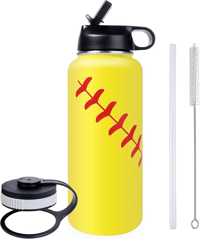 40oz Wide Mouth Softball Water Bottle with Two Lids(Straw, Handle Lid), 18/8 Stainless Steel Vacuum Insulated for Travel & Sport Cup. (Softball Yellow, 40oz)