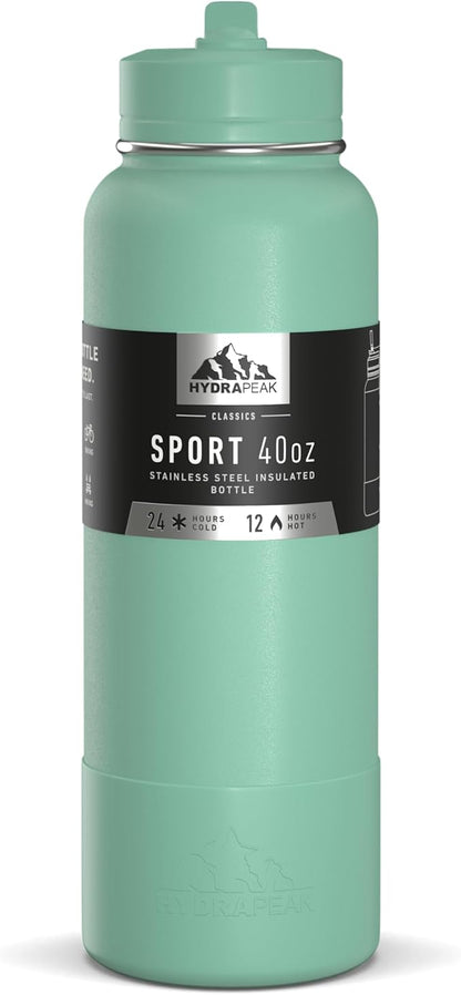 Hydrapeak 40oz Sport Insulated Water Bottle with Straw or Chug Lid, Leak & Spill Proof, Keeps Drinks Cold for 24 Hours, Hot for 12 Hours, Premium Stainless Steel Water Bottles (40oz, Pale Sage)
