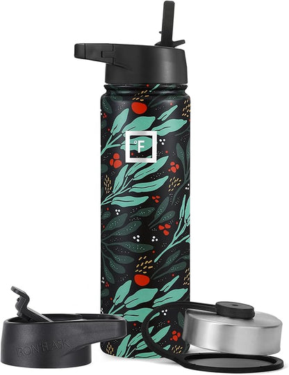 IRON °FLASK Sports Water Bottle - Wide Mouth with 3 Straw Lids - Stainless Steel Gym & Outdoor Bottles for Men, Women & Kids - Double Walled, Insulated Thermos, Metal Canteen - Lush Leaf, 22 Oz