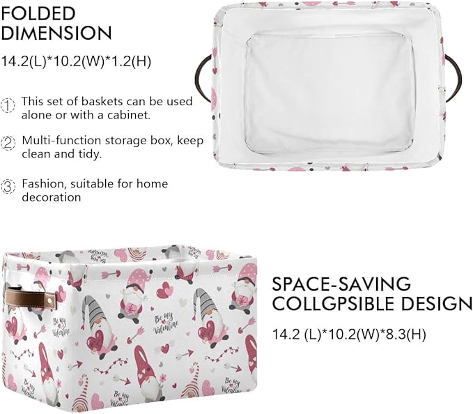 Happy Valentine's Day Gnomes Storage Basket Fabric Laundry Baskets Be Mine Valentine Love Heart Storage Boxes Organizer Bag for Baby Cloth Dog Toy Book Storage Cubes Shelf Closet Bins 16×12×8 Inches