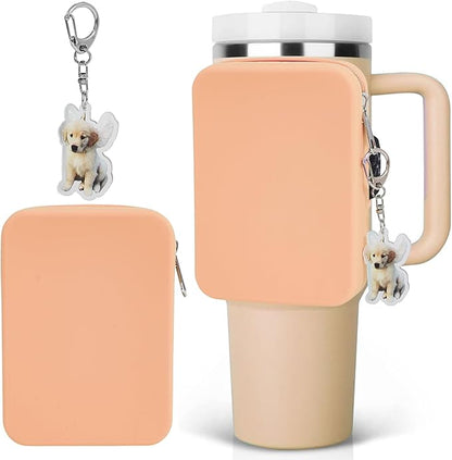 Water Bottle Pouch for Stanley Tumbler,Silicone Waterproof Fanny Pack for Stanley Cup 30/40oz Universal,Large Capacity Durable Tumbler Pouch-Pink