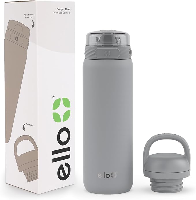 Ello Cooper 22oz Stainless Steel Water Bottle with 2 Lids Chug and Straw | Leak Proof Double Walled and Vacuum Insulated | Fits Car Cupholder | Built in Carry Loop | Dishwasher Safe | Gray