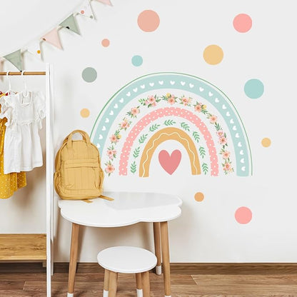 Large Boho Rainbow Wall Decals Boho Polka Dot Flower Rainbow Wall Stickers Peel and Stick Nursery Wallpaper Vinyl Decals for Home Farmhouse Girls Bedroom Decoration
