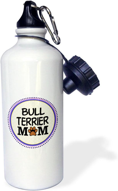 3dRose "Bull Terrier Dog Mom-Doggie mama by breed-paw print mum love-doggy lover-proud pet owner" Sports Water Bottle, 21 oz, White