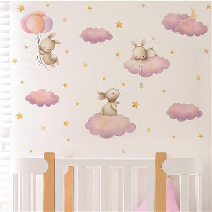 Rabbit Cloud Star Wall Stickers for Bedroom Girls Room Bunny Moon and Stars Nursery Decor Wall Decal