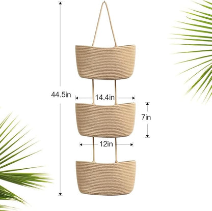 TeoKJ Over the Door Hanging Basket, 3-Tier Woven Cotton Wall-Mounted Storage Organizer with Self Adhesive Dessert Stick Decorative Hanging Nursery Baskets - Jute