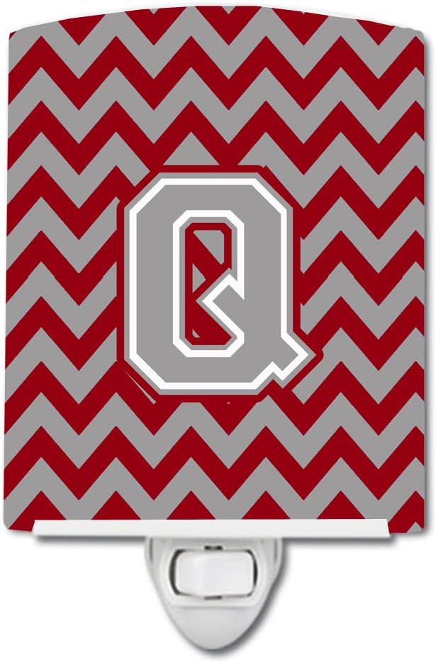 Caroline's Treasures CJ1043-QCNL Letter Q Chevron Crimson and Grey Ceramic Night Light Compact, UL-Certified, Ideal for Bedroom, Bathroom, Nursery, Hallway, Kitchen, 6x4x3, Multicolor
