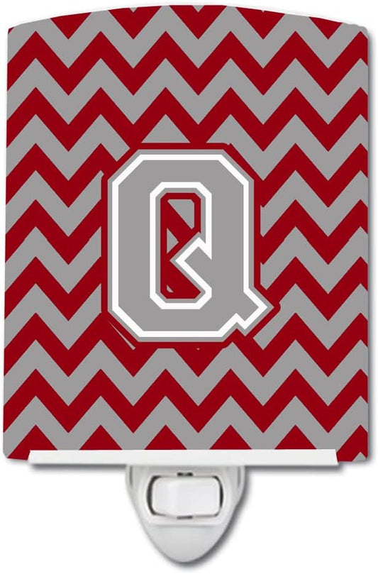 Caroline's Treasures CJ1043-QCNL Letter Q Chevron Crimson and Grey Ceramic Night Light Compact, UL-Certified, Ideal for Bedroom, Bathroom, Nursery, Hallway, Kitchen, 6x4x3, Multicolor