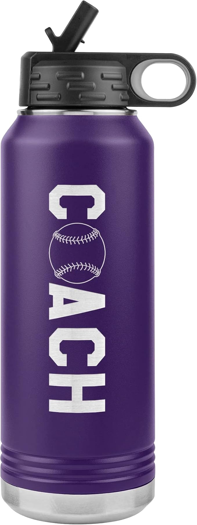 Baseball Coach Water Bottle - 32oz Insulated Engraved Stainless Steel Flip Top with Straw Baseball Coach Gift Purple