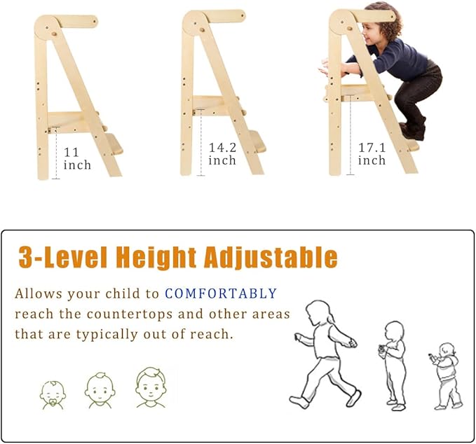Kids Step Stool, Toddler Learning Tower, Easy Folding, Safety Rail with Lock, 3-Level Height Adjustable