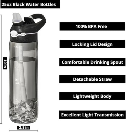 25oz Water Bottle with Clip Handle, Water Bottles with Locking Lid, Travel Plastic Water Bottle,Water Bottle with Straw, and Sports Tritan water bottle - Black