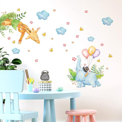 Cartoon Animal Wall Decals - Blue Elephant & Brown Giraffe with Balloons - 90x30cm Peel & Stick Design
