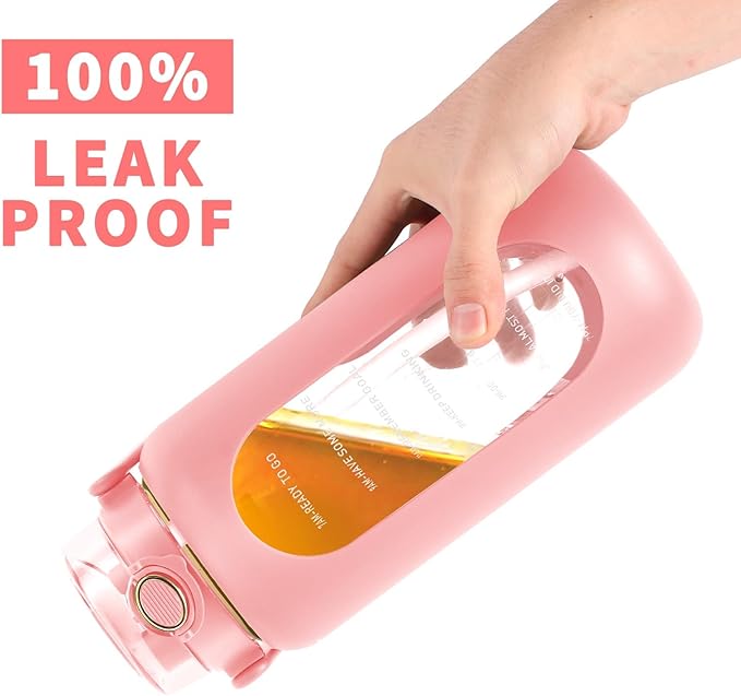 64oz Glass Water Bottle with Straw and Handle - Half Gallon Motivational Water Jug with Time Marker and Silicone Sleeve, Leak proof Wide Mouth Water Flask for Gym, Sports, and Daily Use (Pink)