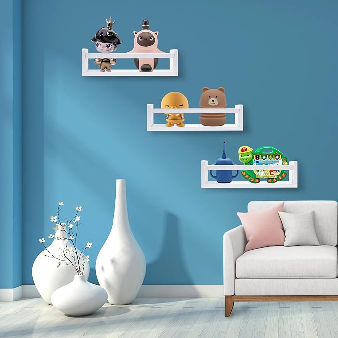Nursery Floating Shelves for Kids Room, Set of 3 Wall Book Shelves for Kitchen Living Room, Book Shelf Wall Mounted for Baby Kids Bedoom Bathroom (White, 16inch Set 3)