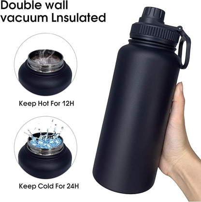 32oz Insulated Water Bottle ，Stainless Steel Sports Water Cup Flask with 2 Lids, Wide Mouth Travel Thermal Mug,Outdoor Sports Bottle（Blue Black）