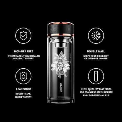 Tea Infuser Bottle - BPA Free Double Wall Glass Travel Tea Mug With Stainless Steel Filter - Leakproof Tea Tumbler with Strainer for Loose Leaf Tea and Fruit Water 17 oz Lily