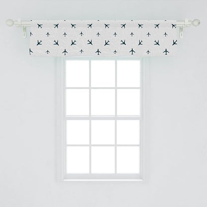 Ambesonne Airplane Window Valance, Diagonal Stripes Travel Silhouettes Vacation Aviation, Curtain Valance for Kitchen Bedroom Decor with Rod Pocket, 54" X 12", Petrol Blue