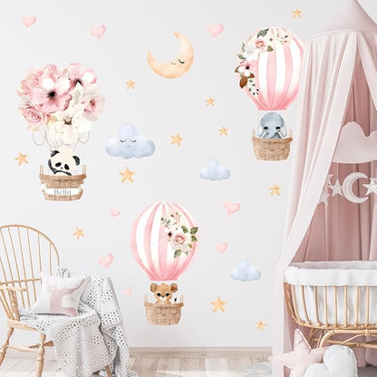 Cute Panda Elephant Hot Air Balloon Animals Wall Decals Star Moon Cloud Flower Balloon Nursery Wall Stickers Baby Girl Wall Decor